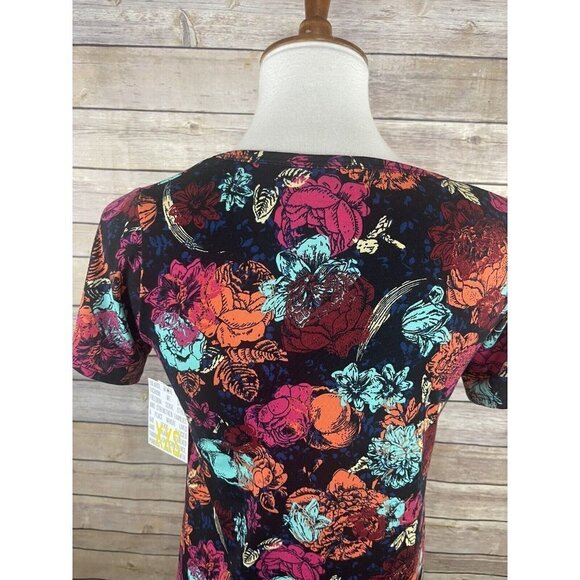 Lularoe XXS NWT Floral Classic Tee Short Sleeve Black Pink Red Boho Stretchy Top - Picture 5 of 10